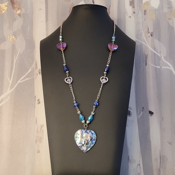 Abalone Look Heart Pendant Multi-colored Crystals Silver-tone Beads Necklace - Picture 4 of 15
